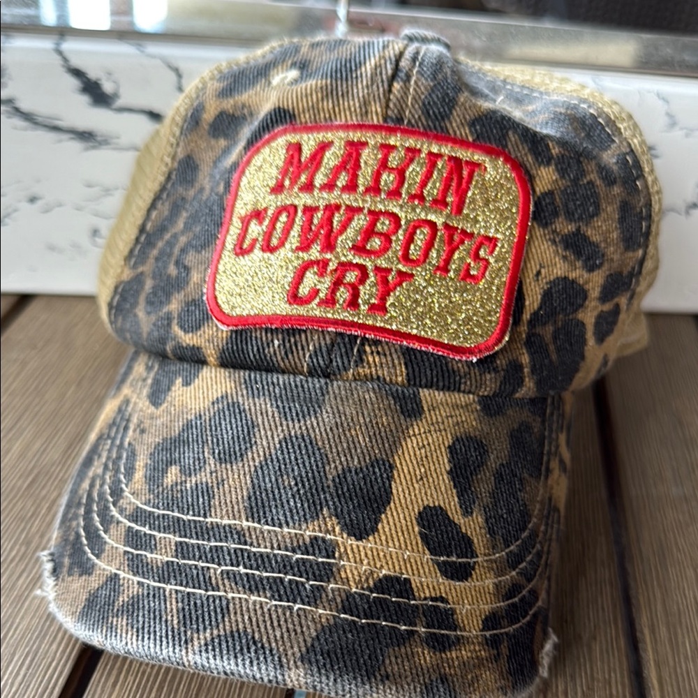 Leopard Print Trucker Hat with Red and Gold Patch